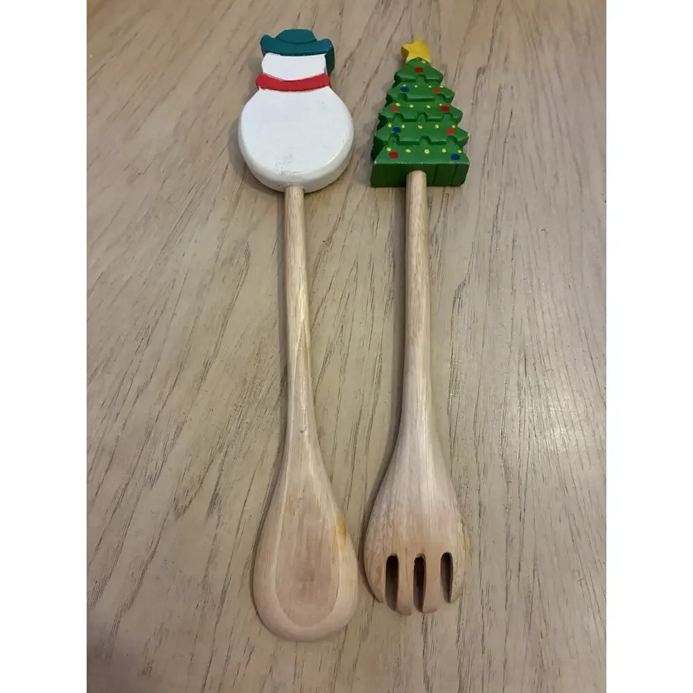 Christmas Serving Spoon Fork Hand Painted Wood Snowman Tree Salad Pasta Holiday